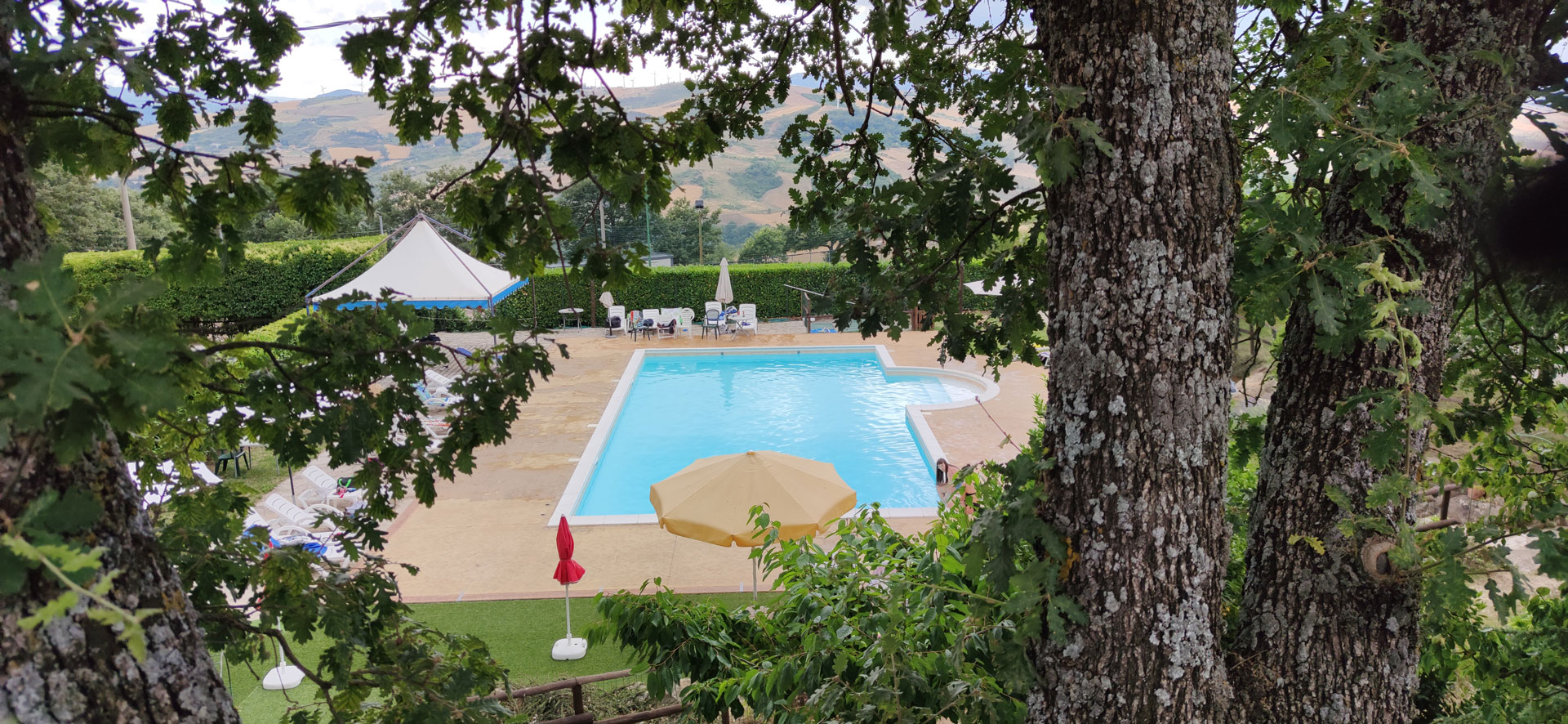 La piscina di Costa San Bernardo tra gli alberi, con le colline sullo sfondo